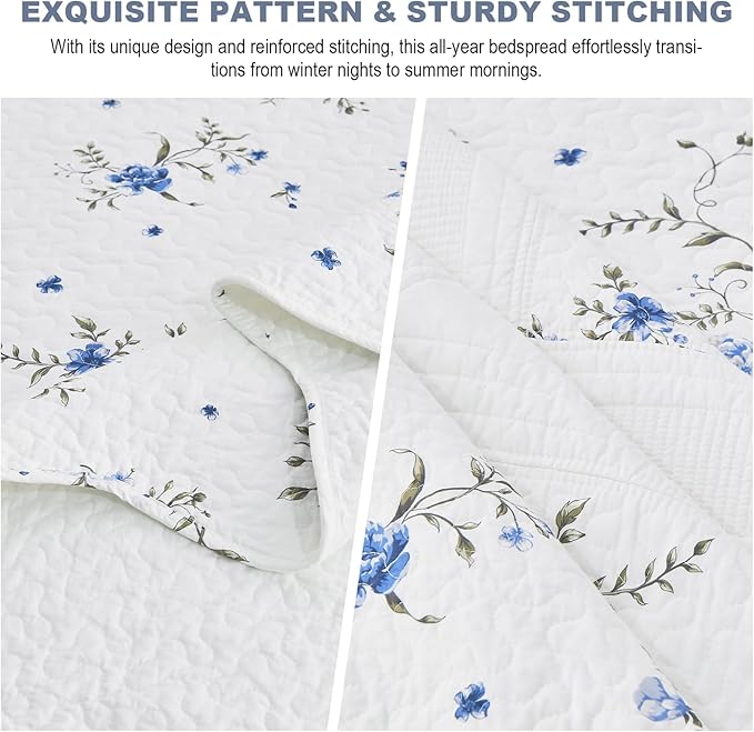 Floral Bedspreads Queen Size Extra Large, 120x102 Oversized Quilt Bedspread Coverlet, 100% Cotton Blue and White Bedding Set with Shams, Lightweight Soft Quilted Thin Comforter, 3 Piece