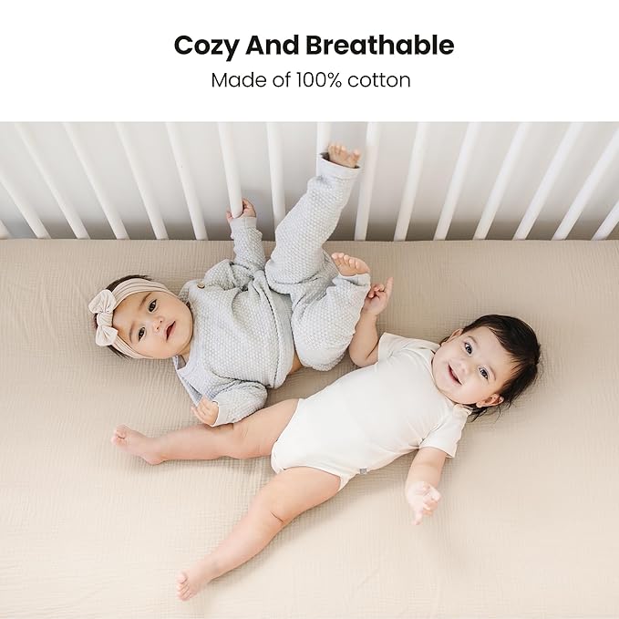 Konssy Muslin Crib Sheets for Girl Boy, 2 PCS Soft and Breathable Cotton Baby Sheets for Standard Crib Mattress, 52"x 28" (Brown, Cream)