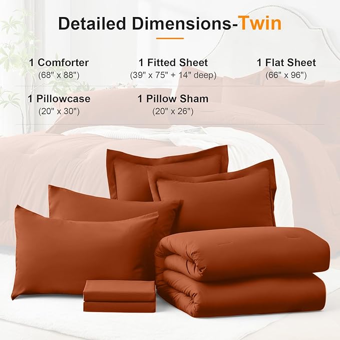 Twin Comforter Set 5 Piece - Soft Bed in a Bag Queen Size Comforter Sets, Cozy Luxury Bedding Sets with All Season Comforter, Flat Sheet, Fitted Sheet,Pillowcases & Shams, Orange