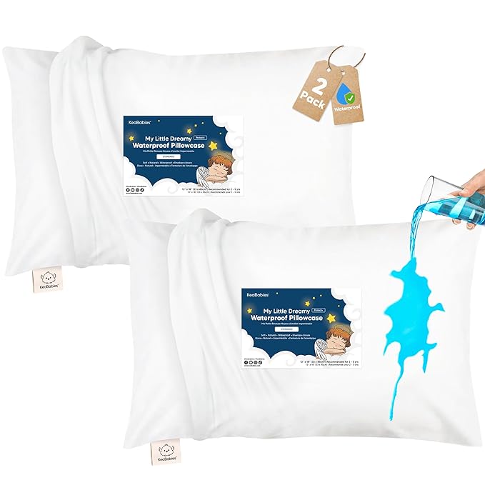 KeaBabies 13 x 18 Toddler Pillowcase, 2-Pack Waterproof - Soft Waterproof Toddler Pillow Protector Cover for Kids, Boys, Girls, Machine Washable, Small Travel Pillow Sold Separately (Soft White)