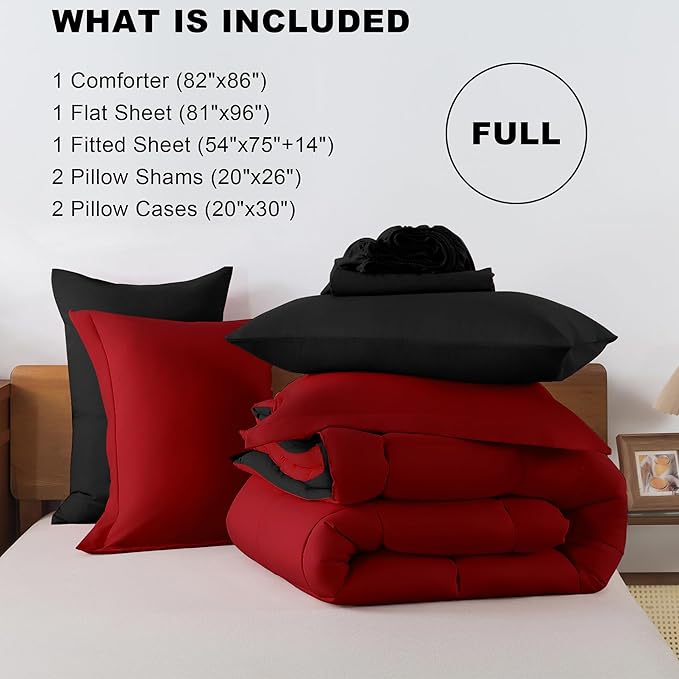 ELNIDO QUEEN® Full Size Bed in a Bag 7 Pieces - Red and Black Bed Comforter Set Full Size, All Season Bedding Sets with Reversible Comforter, Flat Sheet, Fitted Sheet, Pillowcases and Pillow Shams