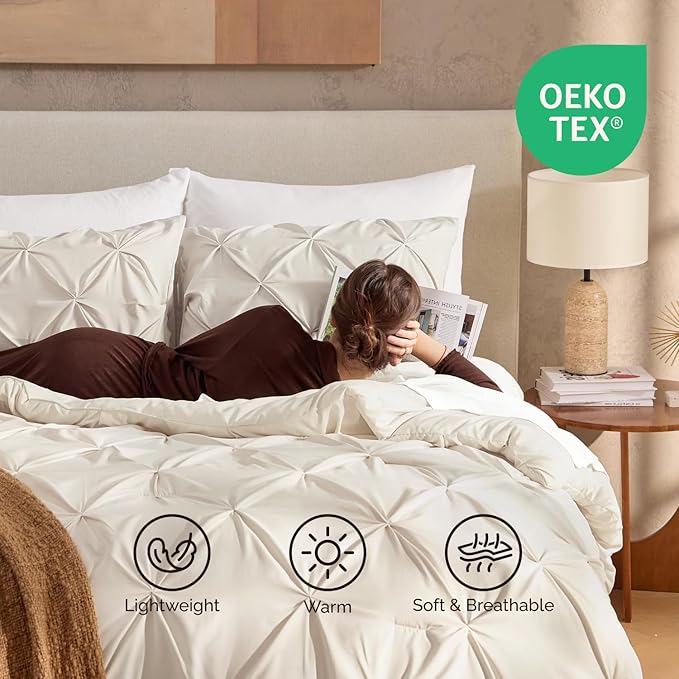 Andency Beige Comforter Set Oversized Queen(98x98Inch), 3 Pieces Comforter for Girls Kids, Soft Microfiber Pinch Pleat Comforter Set, All Season Lightweight Bedding Set