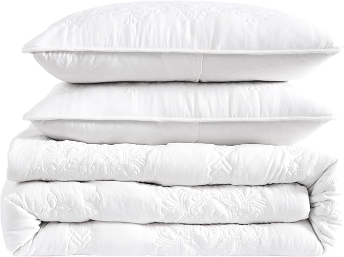 B2EVER Boho White Quilt Twin Size Bedding Sets with Pillow Sham, Bohemian Lightweight Soft Bedspread Coverlet, Farmhouse Floral Vintage Thin Comforter Bed Cover for All Season, 2 Pieces, 68x90 inches