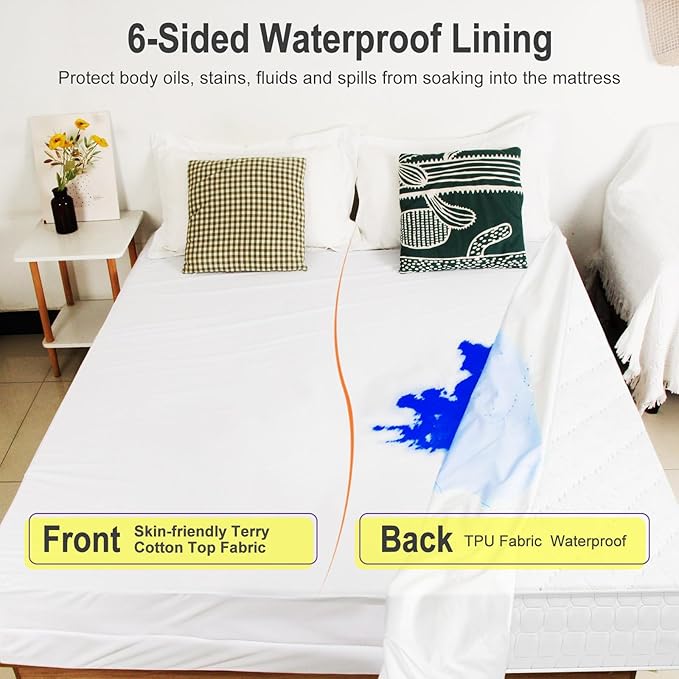 Zippered Queen Mattress Protector Waterproof Cover 60"x80" Fits 6-9 inch Depth, Ptsuker Fully Encased Encasement Liquid Proof Urine Pee Protection