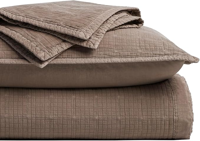 EVERGRACEHOME Stonewashed Cotton Quilt Set Full Queen Size, Ultra Soft Oversized Bedspread Coverlet Set, Lightweight Crinkle Box Stitch Bedding Sets for All Season, with 2 Shams, Mocha Brown
