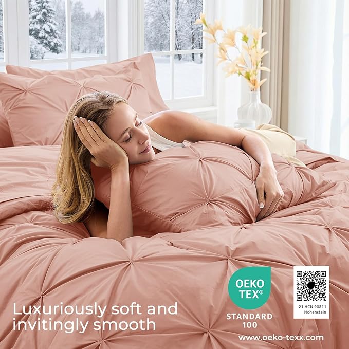 Sasttie King Size Comforter Set, 7-Piece Bed in a Bag, Pintuck Bedding Set for All Season, Includes Comforter, Flat Sheet, Fitted Sheet, Pillowcases and Pillowshams, Blush