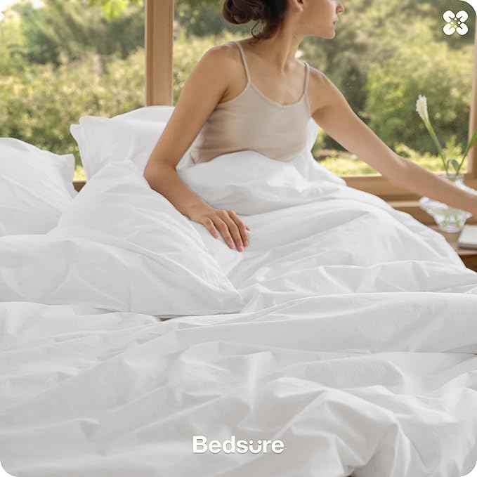 Bedsure Cotton Duvet Cover Queen Size - Luxury Slub Weave 100% Cotton Duvet Cover with a Linen Like Textured, Easy Change Durable Bedding, Bright White, 90" x 90"