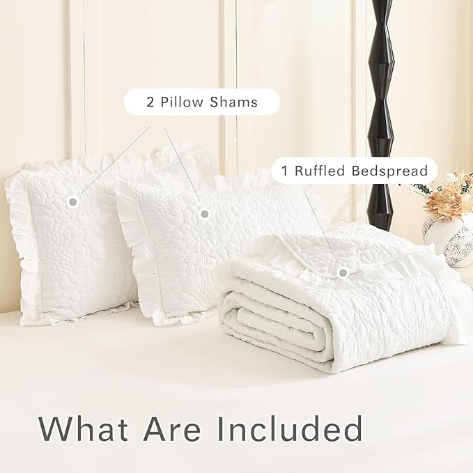 Lady Ann Cream White Oversized King Quilt Set, Stone-Washed Ruffle Oversized King Bedspreads 128x120 for Bed, Lightweight 3 PCS Quilted Crinkled Coverlet Farmhouse Rustic Shabby Bedding Set All Season
