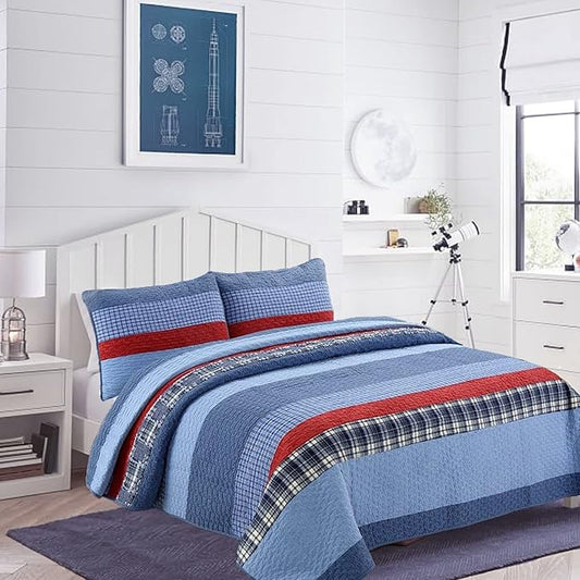 Cozy Line Home Fashions Sailor Navy Striped 100% Cotton Reversible Bedding Quilt Set, Coverlet Bedspread for Boys Kids (Navy/Red, Queen - 3 Piece)