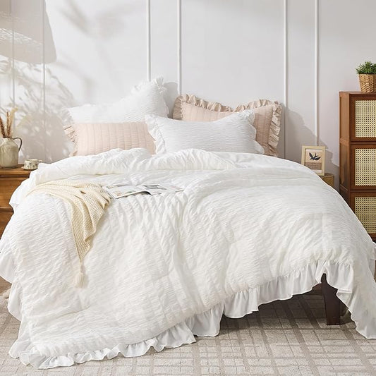 JOLLYVOGUE King Size Comforter Set, White Seersucker 3 Pieces Comforters King Size, Lightweight & Fluffy Bedding Sets King for All Season with 1 Ruffle Comforter and 2 Ruffle Pillowshams