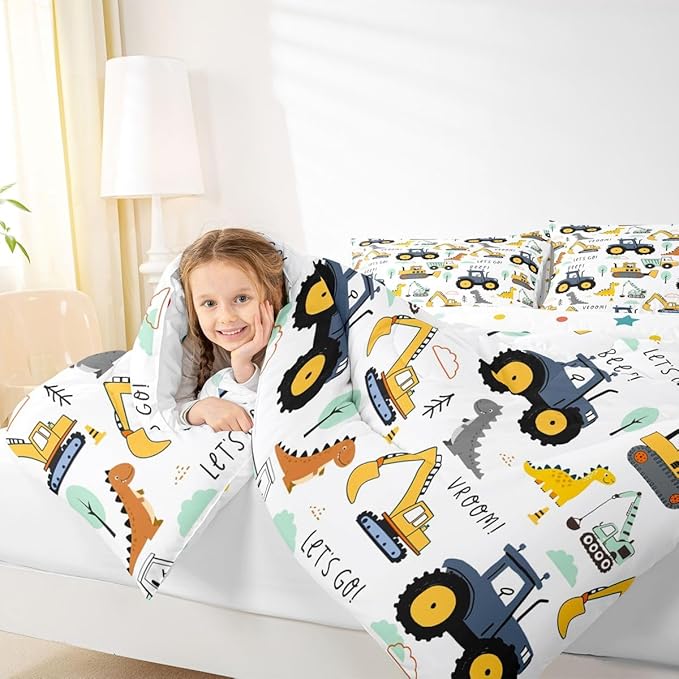 Cartoon Car Kids Comforter Set King, Excavator Tractor Bedding Set for Child Teens, Dinosaur Comforter Equipment Truck Quilted Duvet, Heavy Machinery Construction Bedding Comforter with 2 Pillowcases
