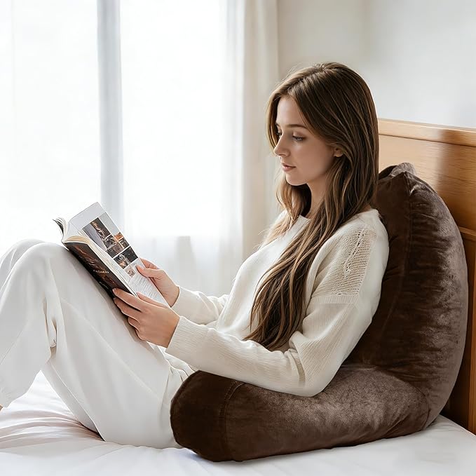 Reading Pillow for Sitting in Bed Adult, Reading Pillow with Shredded Memory Foam, Back Pillow for Sitting Up with Extend Arms, Pockets, Bed Pillow with Washable Cover,Brown, X-Large