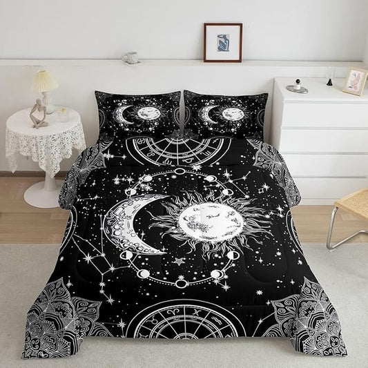Sun and Moon Bedding Set Constellation Galaxy Comforter Set for Kids Boys Girls Teens Psychedelic Boho Mandala Comforter Breathable Celestial Duvet Set Black White Room Decor Quilt Cover Toddler Size