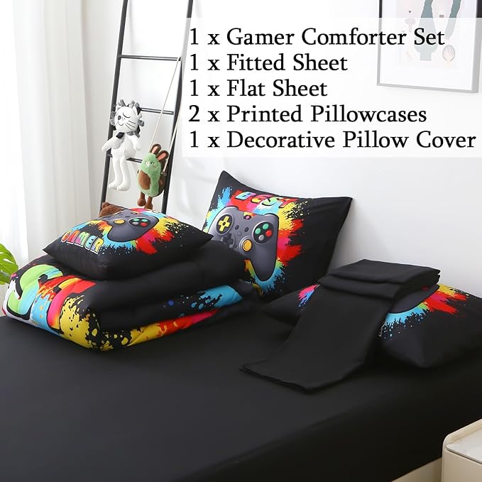 JQinHome Queen Gamer Comforter Sets for Boys,6 Piece Bed in A Bag 3D Video Gamer Bedding -All Season Microfiber Gaming Bedding Set for Kids, with Sheet Sets (Rainbow Black)