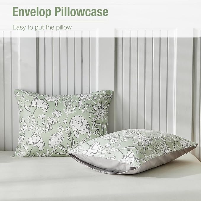Lekesky King Size Duvet Cover Set, Reversible Duvet Cover King with White Floral Pattern, Lightweight Soft Microfiber Comforter Cover, 3 Pieces Green Bedding Set with Zipper and 2 Pillowcases
