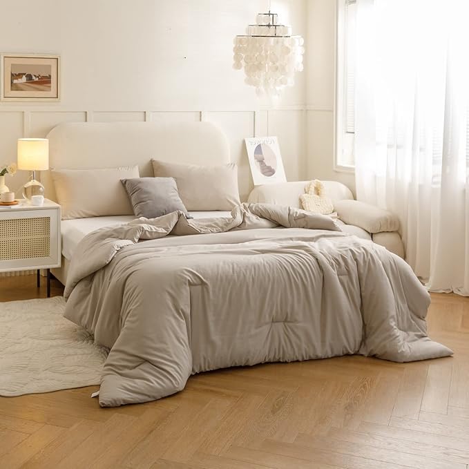 ROSGONIA Queen Comforter Set Oatmeal, 3pcs(1 Boho Oatmeal Comforter & 2 Pillowcases) All Season Soft Bedding Lightweight Bedspread Blanket Quilt