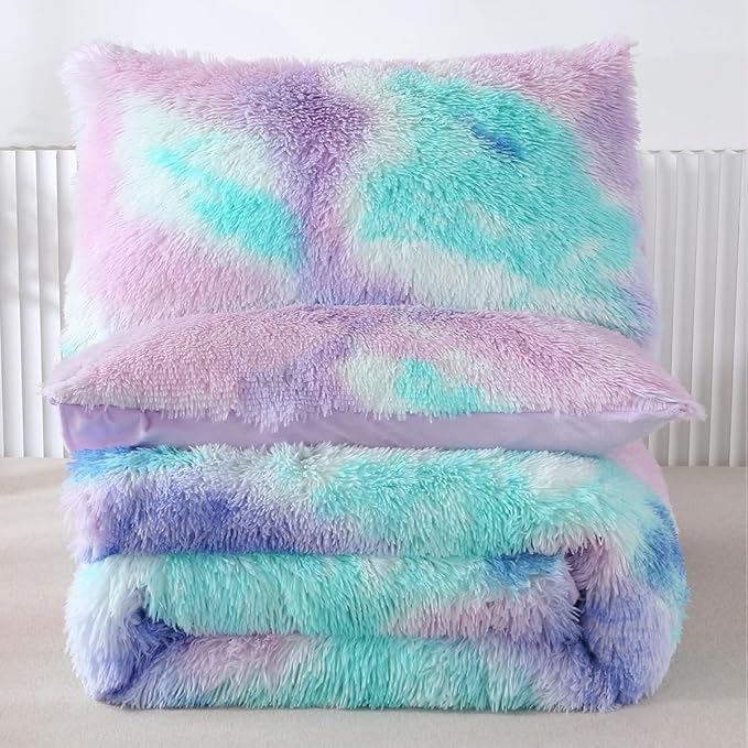 PERFEMET Purple Plush Shaggy Comforter Set Full Size Tie Dye Faux Fur Rainbow Bedding Set for Girls Ultra Soft Warm Fluffy Furry Bed Sets(Purple, Full)