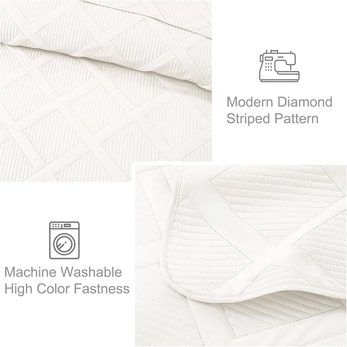 Exclusivo Mezcla Oversized King Quilt Set- White Cal King Quilts Bedding Set with 2 Pillow Shams, Modern Bedspread with Striped Pattern, Soft Lightweight Bedspreads Coverlets for All Seasons