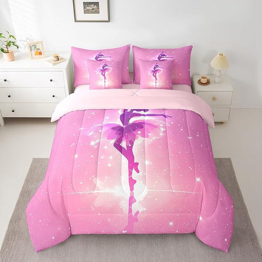 Feelyou Kids Ballet Dancer 7 Pieces Bedding Set King Size, Ballerina Comforter Set with Sheets Dreamy Princess Bed in A Bag Boys Girls Dancing Teens Bed Set Bedroom Decor 7Pcs