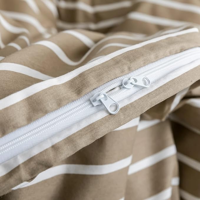 JELLYMONI King Duvet Cover Set, Cotton Duvet Cover 3 Pieces with Zipper Closure, 1 Duvet Cover and 2 Pillowcases(Khaki with White Striped)