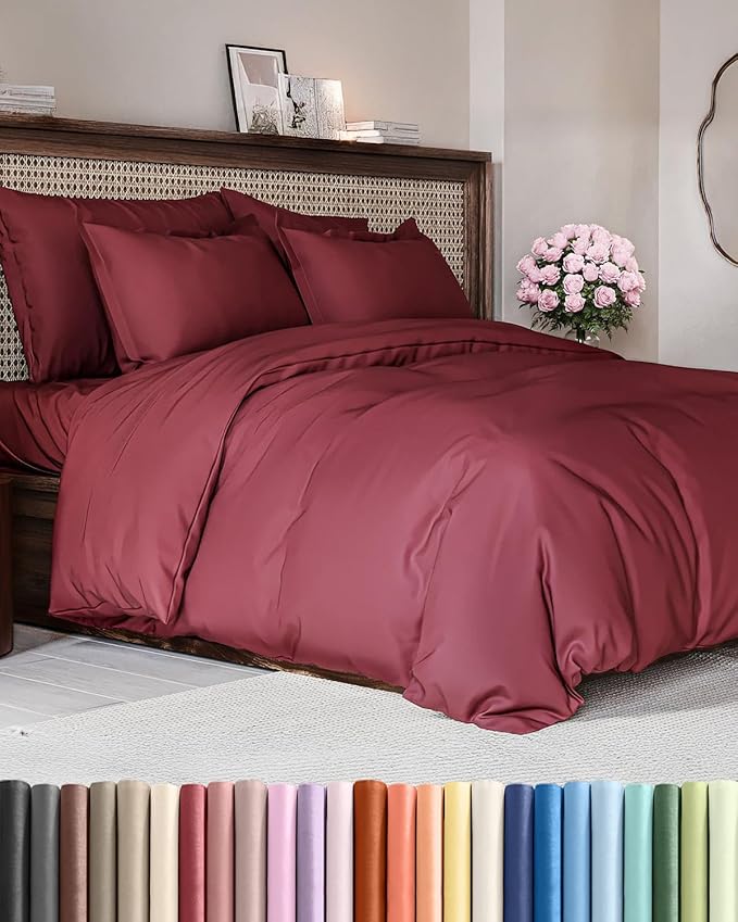 Duvet Cover Queen Size - Extra Soft Queen Size Duvet Cover - Lightweight & Breathable - Easy Care & Fade Free with Zipper Closures and Ties - 90" x 90" Inches - (Burgundy) Comforter Not Included