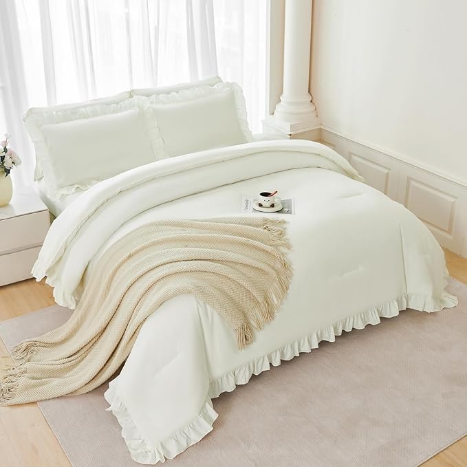 ANGIYUIN 5 Pieces Ivory Twin Size Bedding Set for Kids Girls Beige Ruffled Bed in A Bag with Sheets Farmhouse Fluffy Comforter Set Shabby Chic Bed Sets(Ivory Twin)