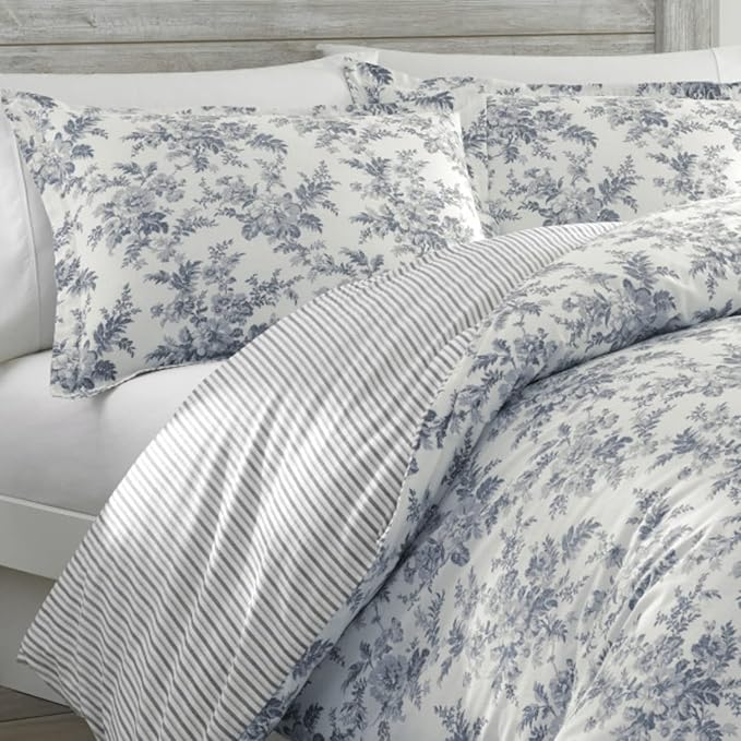 Laura Ashley Home - Queen Comforter Set, Reversible Cotton Bedding, Includes Matching Shams with Bonus Euro Shams & Throw Pillows (Annalise Grey, Queen)