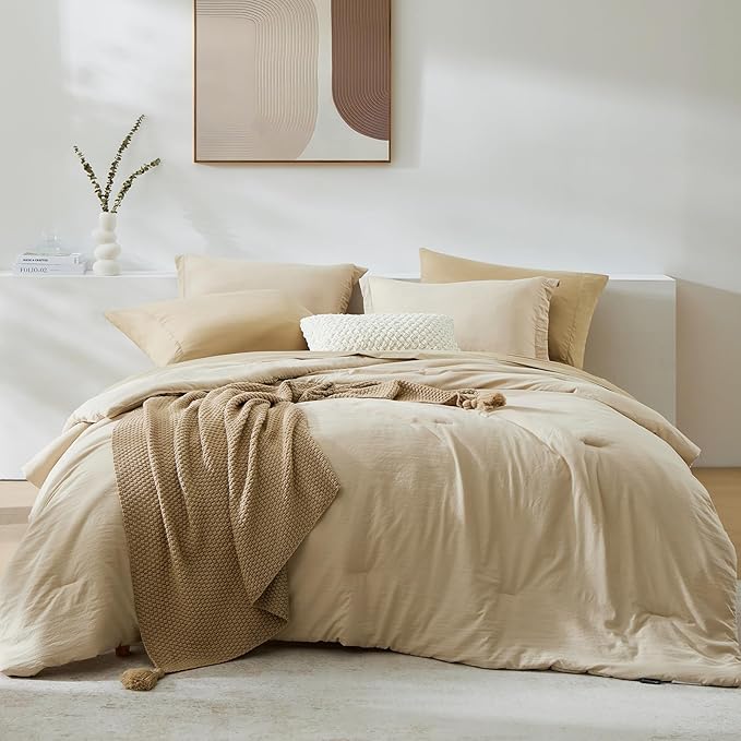 WRENSONGE King Size Comforter Set, 7 Pieces Beige Soft Bed in a Bag King with Fitted Sheet, Flat Sheet, 2 Pillow Shams, and 2 Pillowcases- Warm Bedding Set for All Season