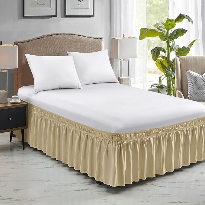 FreshCulture Twin Bed Skirt, Elastic Wrap Around Bed Skirt Twin Size, Bed Skirts for Adjustable Bed, Easy Fit with 22 Inch Drop Length, Hotel Quality Dust Ruffle for Twin Bed (Beige)