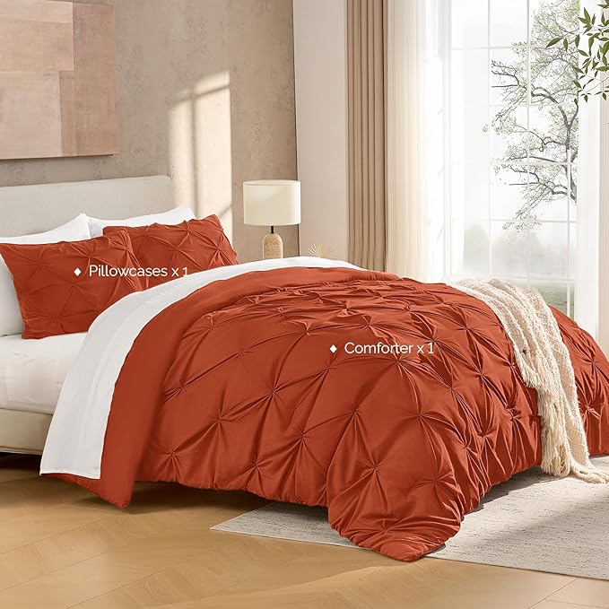 Andency Burnt Orange Pinch Pleat Comforter Twin(66x90Inch), 2 Pieces(1 Pintuck Comforter, 1 Pillowcase) Microfiber Pintuck Comforter Set Down Alternative Comforter Bedding Set