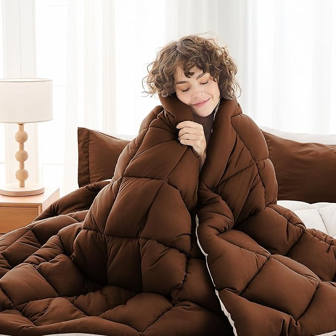 MUXHOMO 5 Pieces Twin XL Comforter Set, Reversible Bed in a Bag Twin XL Size, All Season Bedding Set with Comforter, Flat Sheet, Fitted Sheet, Pillowcases & Shams, Brown & Khaki