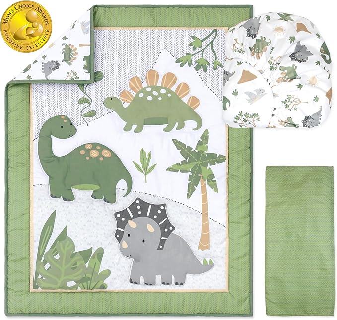 The Peanutshell 3 Piece Baby Crib Bedding Set for Boys - Newborn, Infant & Toddler Nursery Bed Set Decor with Fitted Crib Sheet, Dust Ruffle Comforter - Dinosaur Dreams