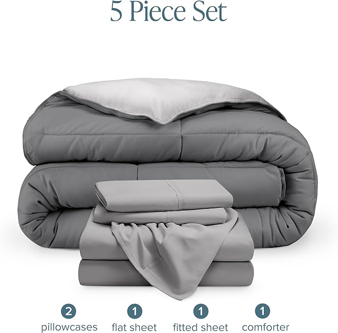 Bare Home Reversible Bed-in-A-Bag Comforter & Sheet Set - King - Down Alternative - Soft - Bedding Set (King, Light Grey/Grey)