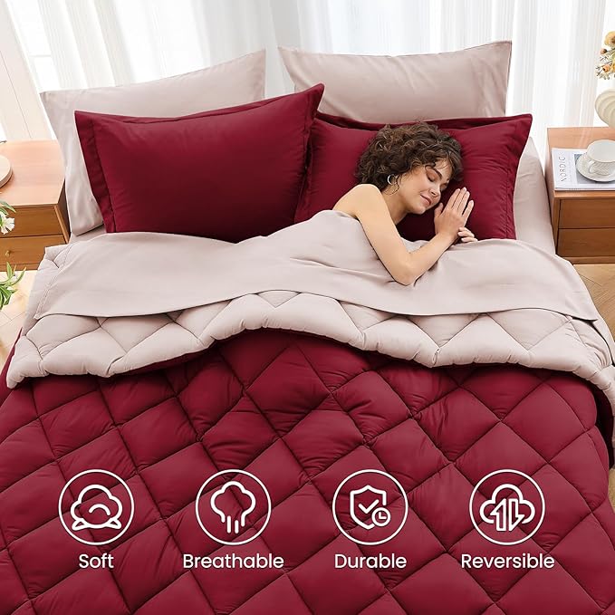 MUXHOMO 5 Pieces Twin XL Comforter Set, Reversible Bed in a Bag Twin XL Size, All Season Bedding Set with Comforter, Flat Sheet, Fitted Sheet, Pillowcases & Shams, Burgundy & Rose Gold