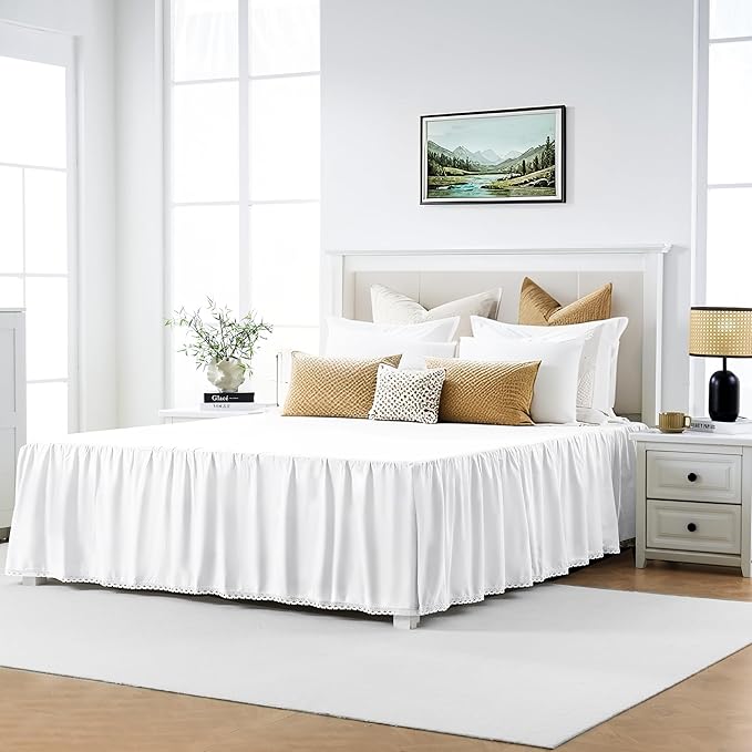 Full Size 18" Drop - White Lightweight Cotton Bed Skirt with Crochet Trim - Dust Ruffle with Split Corner - Soft, Elegant, Breathable Bedding Accessory