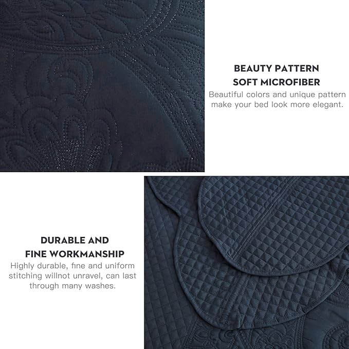 Oversized King Bedspread 128x120 Extra Wide, Paisley Pattern Design, Lightweight Bedding Cover, Reversible, 5 Piece, 100% Microfiber, Navy Blue