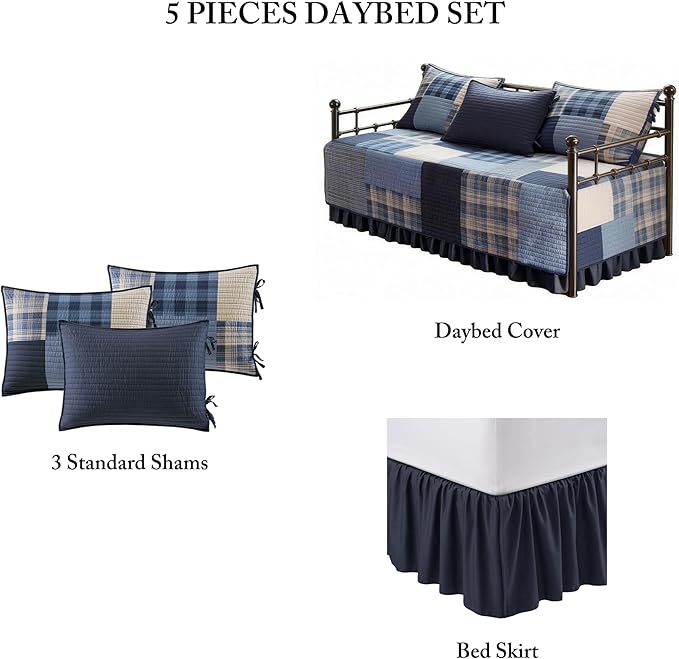 Woolrich Quilt Set Patchwork Channel Quilting, Cottage Coverlet for Twin Size Bed All Seasons, Lightweight Prewashed Cotton Coverlet Bedspread, Shams, Winter Hills, Oversized Daybed Blue 5 Piece