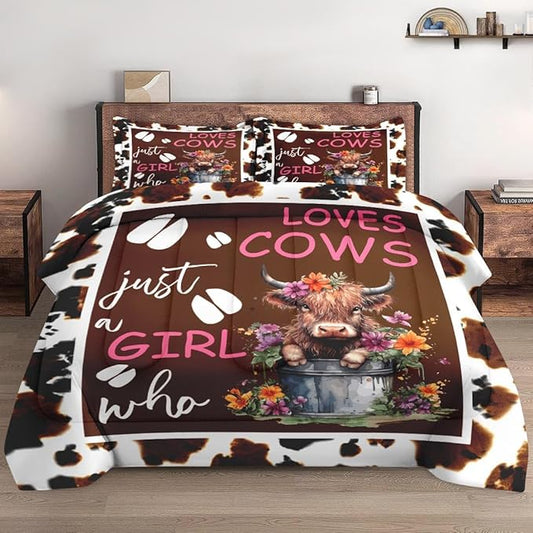 Queen Size Comforter Set with 2 Pillowcases, Cow Print Flower Green Soft 3 Pcs Bedding for Kids and Adults, Cute Happy Highland Comforter Set for Bedroom Bed Decor