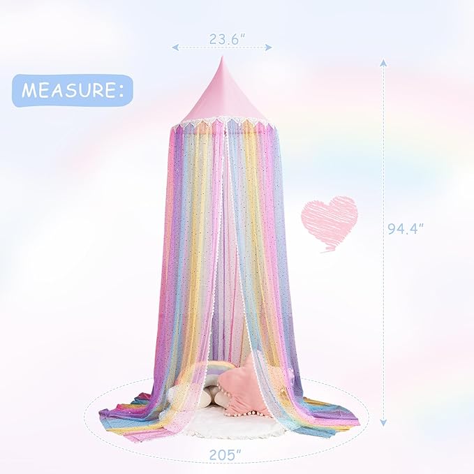 Rainbow Bed Canopy for Girls,Shiny Kids Princess Round Dome Bed Curtain with Love Heart Glitter,Kids Crib Canopy Play Tent Canopy Dreamy Bed Netting for Girls