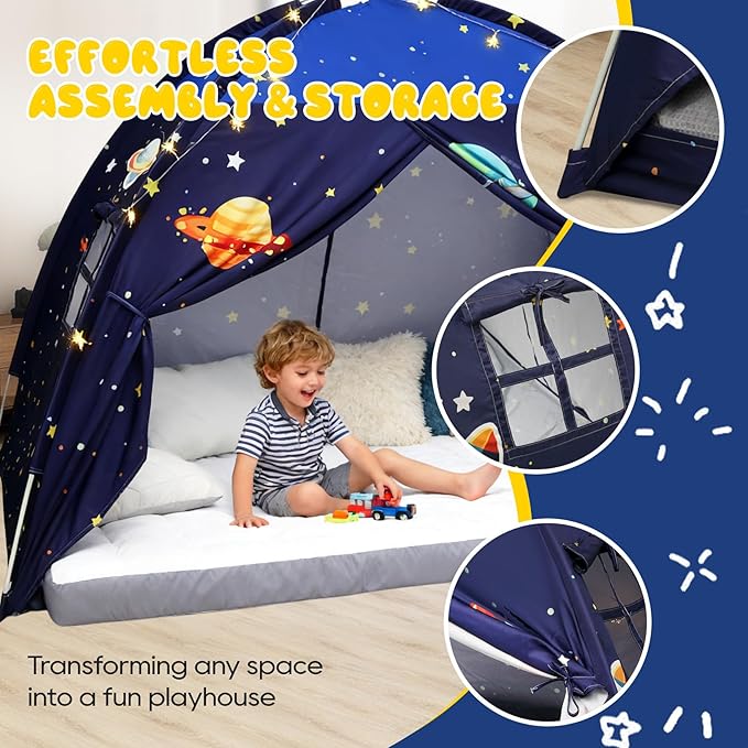 Redants Full Bed Tent Canopy, Space Indoor Blackout Privacy Toddler Bed Tent for Kids with Light, Portable Sleeping Floor Kids Playhouse (Blue, Full Size)