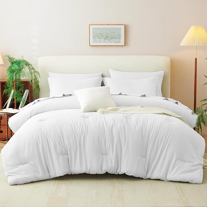 CozyLux Queen Comforter Set White, 7 Pieces Bed in a Bag Soft Bedding Comforter Set with Sheets, All Season Boho 7PC Bed Sets with Comforter, Fitted Sheets, Flat Sheets, Pillow Shams and Pillowcases