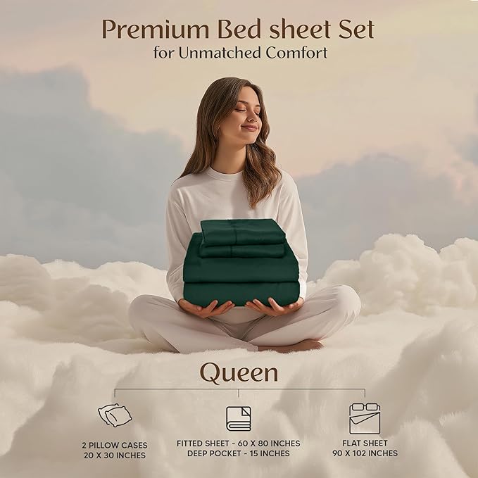 Utopia Bedding Queen Size Sheet Set – 4 Piece Bed Sheets, Soft and Breathable Microfiber, Includes 1 Fitted Sheet, 1 Flat Sheet and 2 Pillowcases – Oeko-Tex - (Emerald Green)