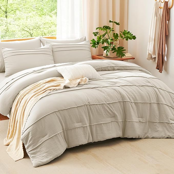 CozyLux King Size Comforter Set Beige, 7 Pieces Soft Pinch Pleat Bed in a Bag King Comforter Set with Sheets, Boho Bed Set with Down Alternative Comforter, Sheets, Pillowcases & Shams