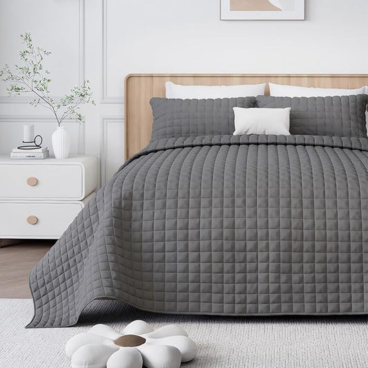 Luxury Velvet Quilt Set Queen Size, Comforter Set with Pillow Shams, Soft Lightweight Bedspread Coverlet Bedding Sets for All Seasons, Dark Grey