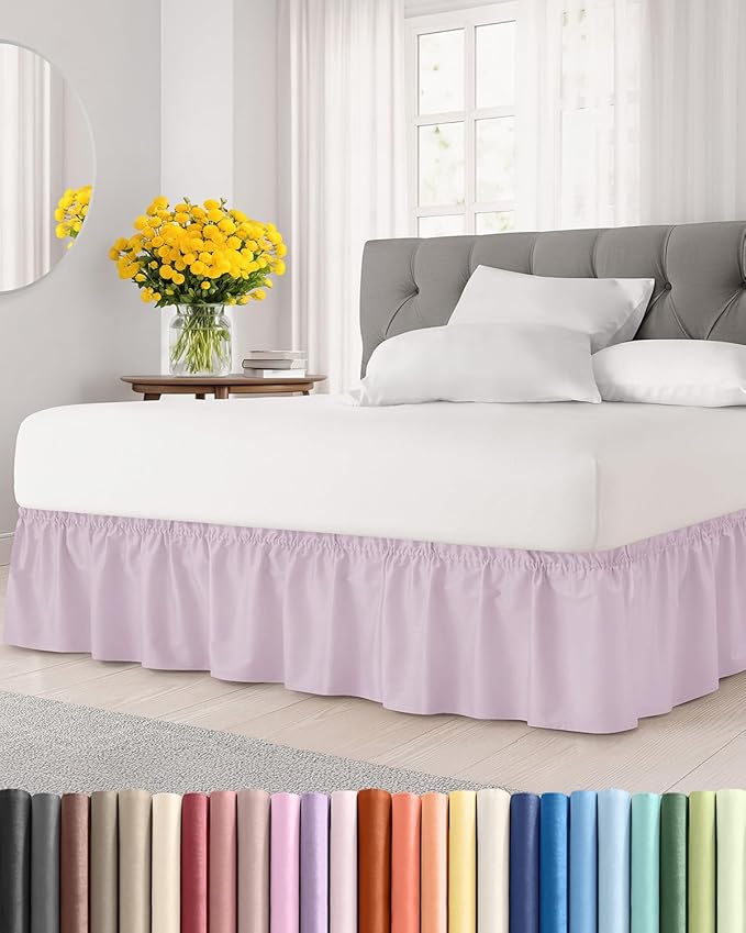 Wrap Around Dust Ruffle Bed Skirt - Light Lavender - for King Size Beds w/ 15 Inch Drop - Easy Fit Elastic Strap - Adjustable Pleated Bedskirt w/Brushed Fabric Wrinkle Free, Women, Men, Kids & Teens