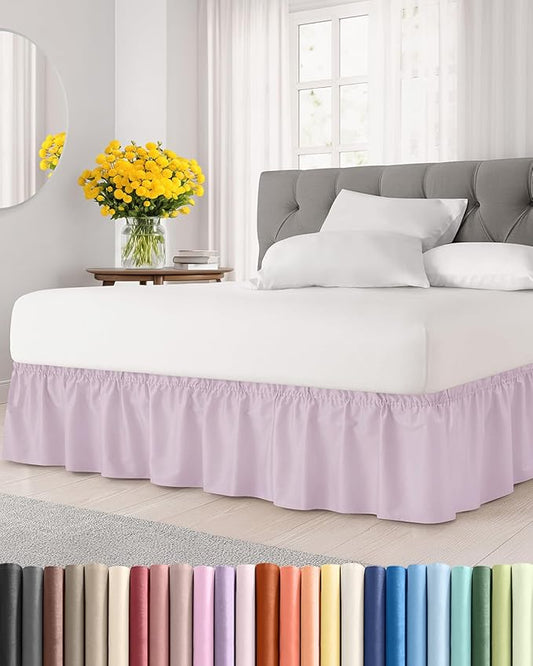 Wrap Around Dust Ruffle Bed Skirt - Light Lavender - for King Size Beds w/ 15 Inch Drop - Easy Fit Elastic Strap - Adjustable Pleated Bedskirt w/Brushed Fabric Wrinkle Free, Women, Men, Kids & Teens