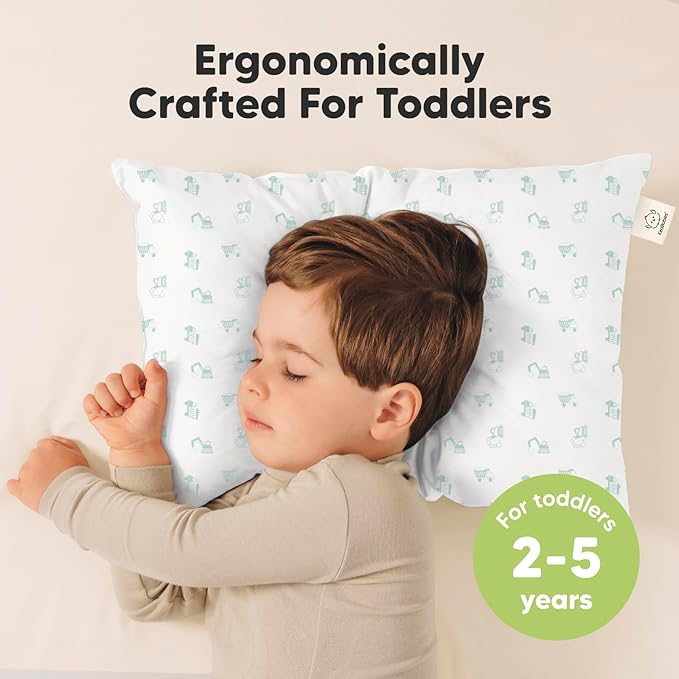 KeaBabies 2-Pack Toddler Pillows 2 Year Old to 5-13x18 Soft Organic Cotton Kids Pillow for Sleeping, Travel, School, Daycare, Nap, Toddler Bed, Machine Washable, Without Pillowcase (Excavator)