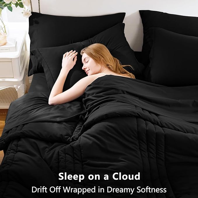 CozyLux California King Size Comforter Set - 7 Pieces Bed in a Bag Black Comforter Set with Sheets Cal King, Soft Bedding Set with Down Alternative Comforter, Sheets, Pillowcases & Shams