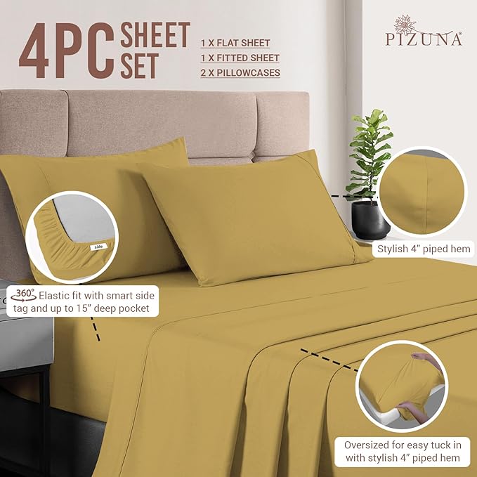 Pizuna Pure 100% Cotton Sheets RV Queen Size, Luxurious 400 Thread Count Long Staple Cotton Sateen Sheets RV Queen with 15" Deep Pocket (Combed Mustard Gold Cotton Sheets RV Queen)