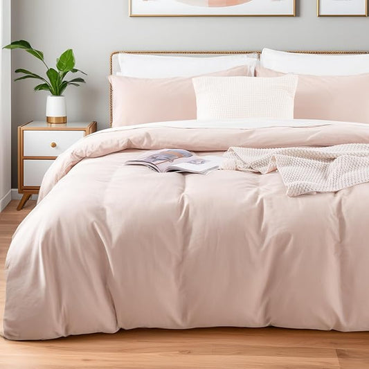 NEXHOME PRO Duvet Cover Set King Size Linen Look Textured Organic Natural 100% Washed Cotton Duvet Cover Greyish Light Pink 3 Pieces Bedding Set with Zipper Closure, Breathable (No Comforter)